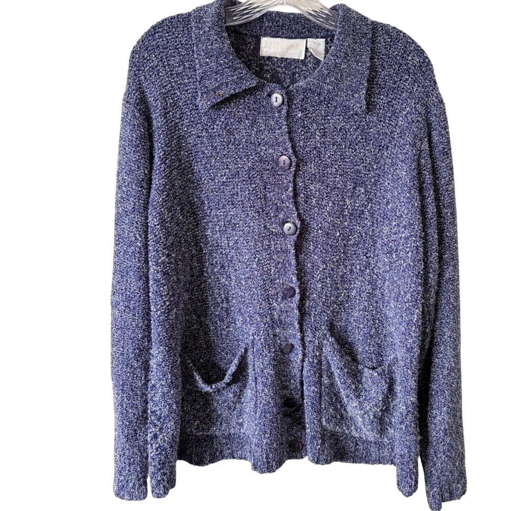 Vintage Elisabeth Liz Claiborne Blue Boucle Knit Collared Cardigan Sweater 1